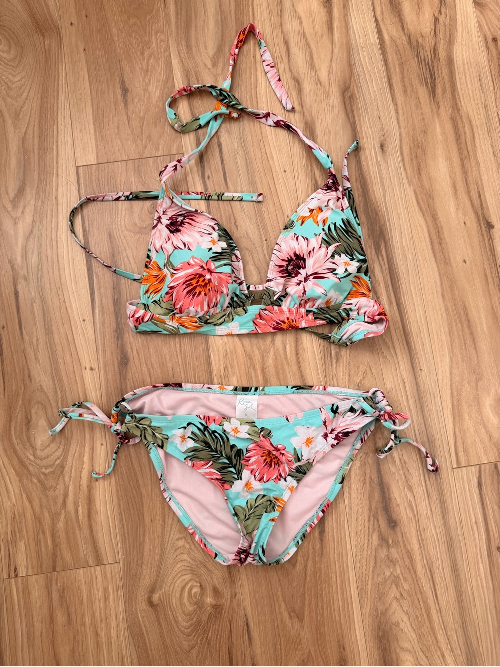 Women’s Floral Tie-Side Bikini Set in Aqua and Pink